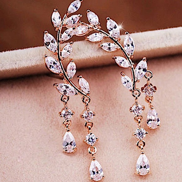 Gold Zircon Leaf Tassel Ear Climber Crystal Rhinestone Earrings - Picture 6 of 10